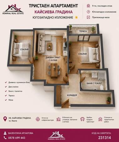 Πώληση - Διαμέρισμα σε Кайсиева градина,  Варна